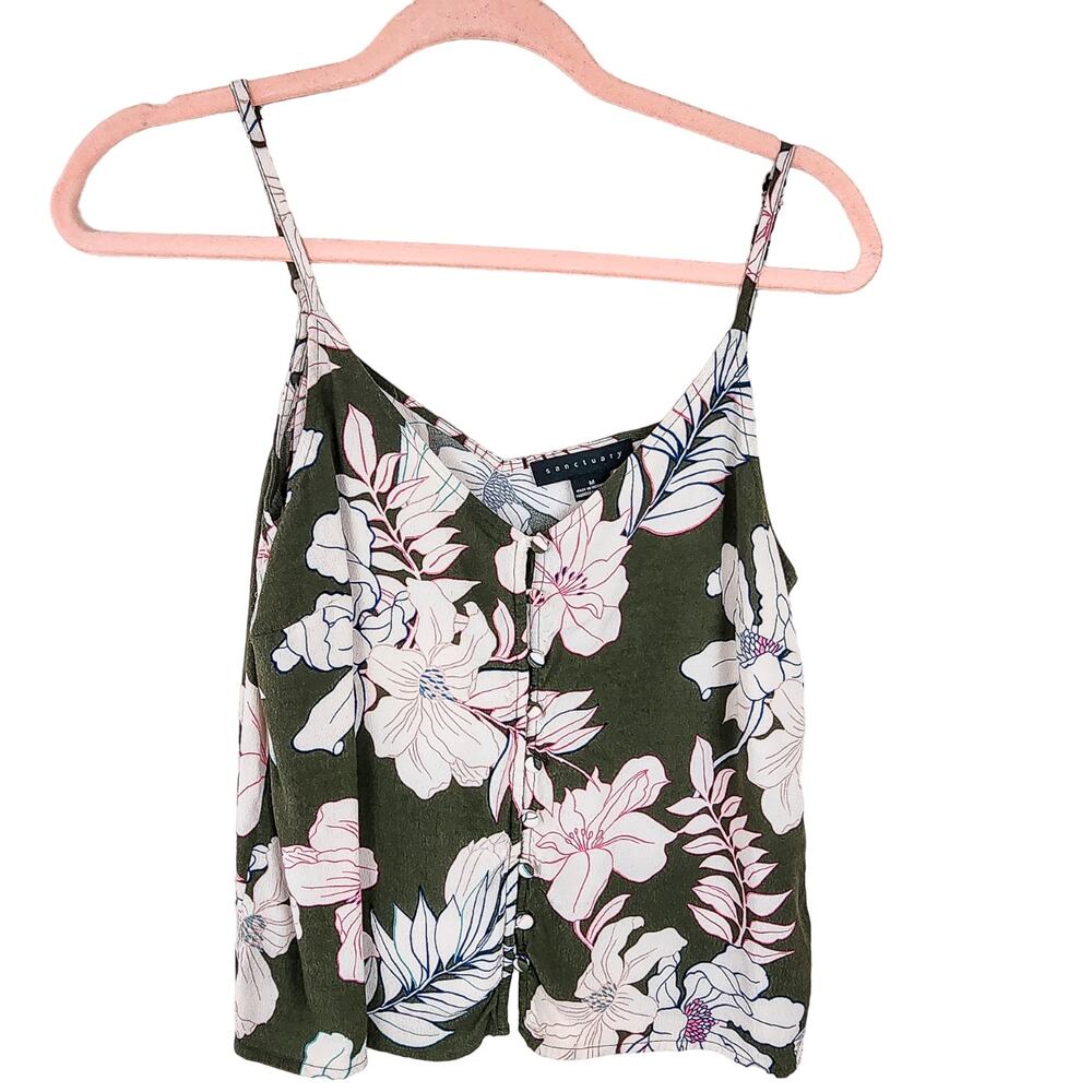 Sanctuary Essential Tank Top Medium Size Button Front Floral Green Camisole
